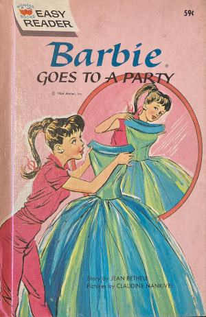 The cover of Barbie Goes to a Party shows Barbie before a mirror, holding up Senior Prom in front of her.