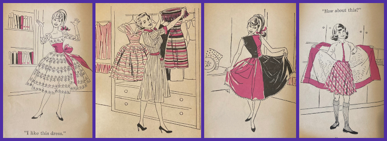Four illustrations that are in black and white, with red accents. L-R: Barbie wears Let's Dance, its sash colored red, while saying "I like this dress." Bookshelves can be seen behind her. Before a wardrobe, Mrs. Roberts holds up a pak striped jersey knit sheath; Plantation Belle or similar can be seen in the wardrobe behind her. Barbie models Fancy Free; Midge wears an unknown look that resembles a schoolgirl uniform, with necktie, plaid skirt, and kneesocks. She holds open a red coat to display the look and text says, "How about this?" Midge wears flats; the others wear heels, and all shoes are closed-toed.