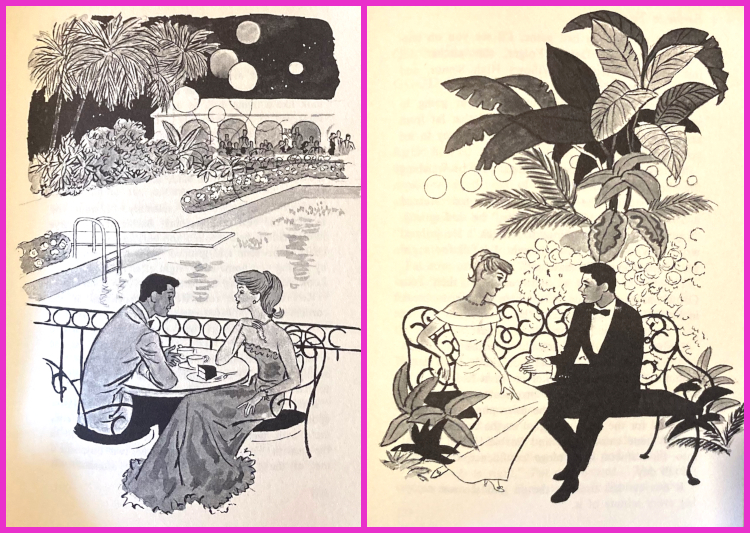 Two black-and-white drawings. Left, Barbie, in a long, strapless evening gown, sits with a man in a white tuxedo jacket at a table overlooking a swimming pool; in the background are palm trees, assorted other foliage, and possibly balloons. Right: In another long gown, this one with a wide neckline like the pak silk sheath, Barbie sits on a wrought iron bench with a gentleman in a dark tuxedo. Around them is tropical-seeming foliage and a hint of patio lanterns.