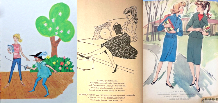 L: Color illustration of Barbie rehearsing with a small child onstage. Barbie holds a script and wears a red striped top with jeans. The child brandishes a rapier. C: Black-and-white image of Barbie wearing Country Fair, sitting on a sofa and reading a book. This is the book's frontispiece so copyright and other info is below. R: full-color illustration of Midge in Knitting Pretty ('63 version) and Barbie in Career Girl, walking and carrying their school books. This is also a frontispiece with copyright info.