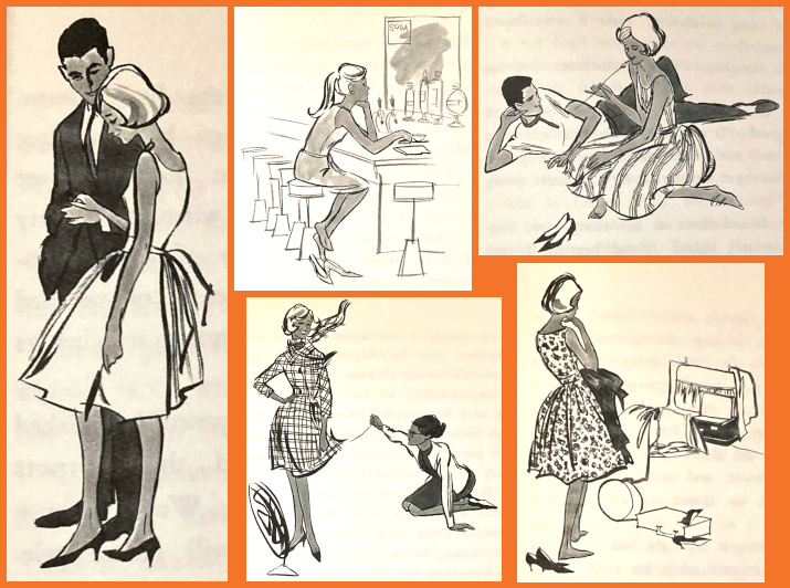 Fibe black-and-white drawings. Clockwise from top left: Barbie in a full-skirted knee length dress stands with a suited man; Barbie sits at a soda fountain counter with her shoes on the floor next to her; in a striped summer dress, Barbie, her shoes next to her, sits next to a gentleman lying on his side; Barbie in a flowered, full-skirted dress with side bow stands contemplating half-packed luggage, her shoes behind her and a second pair sitting on a suitcase; Barbie poses in a plaid or checked dress while a fan blows her fair and a woman pulls her skirt out to the side with a thread. All of Barbie's shoes appear closed-toed. Her hair is in a ponytail at the soda fountain but otherwise resembles American Girl (the haircut is a plot point as she prepares to serve as a cover model).