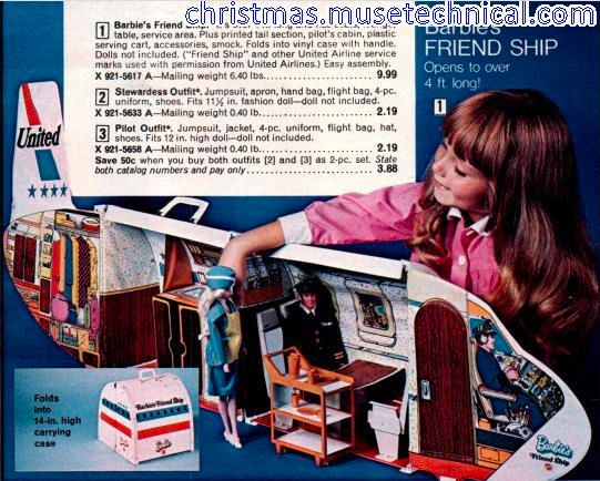 Color catalog image of the Friend Ship play set. Barbie is seen in a blue suit-type stewardess outfit along the lines of American Airlines Stewardess, while Ken sits in a window seat (and an illustrated Ken, simultaneously, flies the plane in the cockpit).
