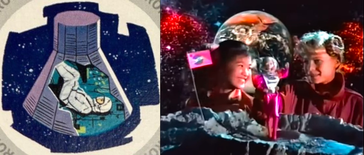 L: Color illustration of Barbie as astronaut in a grey space suit, seated in a pod like the one John Glenn orbited earth in, surrounded on all sides by stars. R: Children sit behind a moonscape that only existed for this Eighties television commercial, in which pink-spacesuited Barbie plants a flag on the moon and waves to her fans.