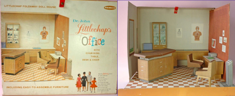 Littlechap doctor's office packaging (L) and interior (R) in color photographs. The dominant colors are light and dark wood. There is an examination table, a desk, a couple of office chairs, a counter, cabinet, scale, and more.