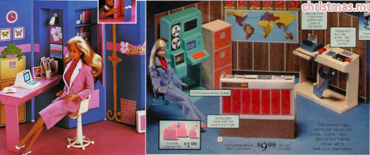 L: Barbie in her 1980s Day to Night fashion ("Day" version) sits at a pink desk with a little computer atop. The backdrop consists of rich blue walls with pink trim, decorated with book shelves, a gold filing cabinets, butterflies in frames, and a pink wall clock. R: Barbie in a grey pantsuit sits in a wood-paneled office, surrounded by computers in teal, tan and orange. A map of the world dominates one wall. A set of offbrand pink luggage is advertised in an inset.