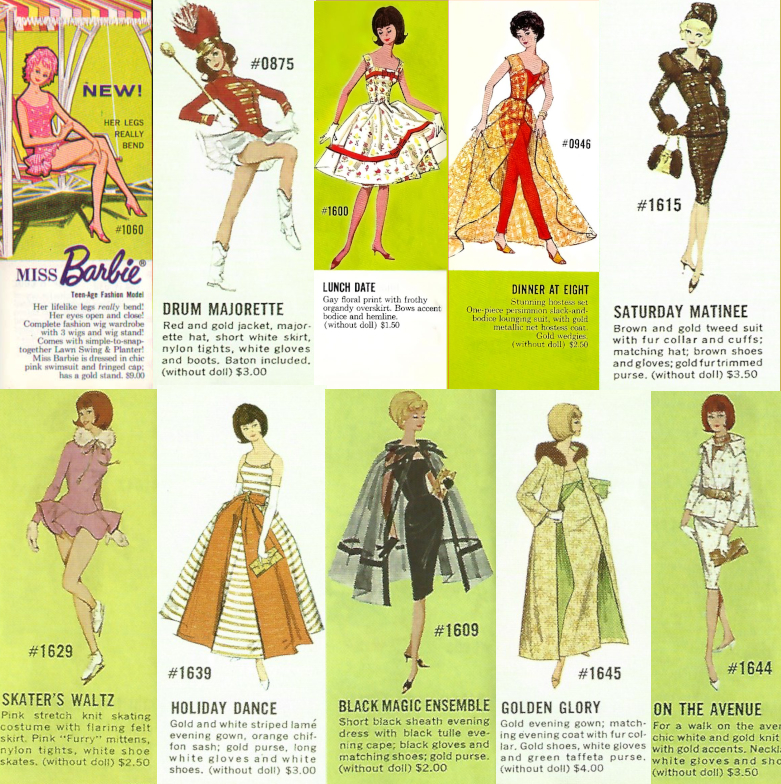 Some American Girls and some others, in poses that show off their bend legs or with greater detail in texture and print than was employed in earlier books. They are: Miss Barbie on her swing; Drum Majorette with one knee raised high and her back arched way back; Lunch Date, raising the hem of her overskirt slightly; Dinner at Eight, a bubblecut, swishing her overskirt about; Saturday Matinee in her textured suit. Second row: Skater's Waltz, both lifting a knee and twisting at the waist as the American Girl didn't do; Holidat Dance, in dense stripes; Black Magic Ensemble, a Fashion Queen in bubble-on-bubble wig with her sheer cape floating around her; Golden Glory, and On the Avenue, both in patterned and textured attire. About half the backgrounds are white and half are spring green.