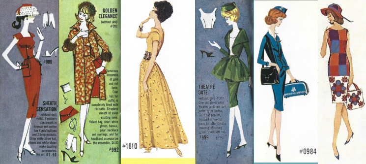 Six Barbie ensembles advertised in 1960s Mattel fashion booklets. They are: Sheath Sensation, Golden Elegance, Golden Evening, Theatre Date, American Airlines, and Color Magic Pretty Wild!. The first two and Teatre Date are from early booklets in which Barbie's skintone is white as a sheet and the accessories are both on the doll and drawn floating off to the side. These three have backgrounds in varying shades of blue and green, while the other three are white-backgrounded.