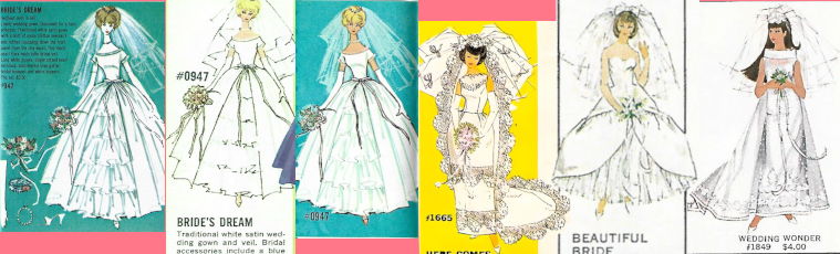 Six more Barbie brides. The first three wear Bride's Dream: one with stark white skin, one with softer coloring of skin and hair, but scant detain on the dress; and the last both colored more softly and with detail filled in. The remaining three, in bubble cut, American Girl, and T'n'T styles, tend toward greater realism in color and detail.