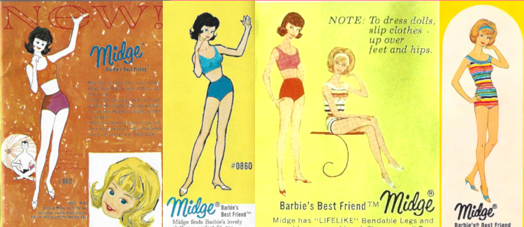 Swimsuit Midges: Black hair, white skin and a pink and orange swimsuit, with one hand at her chin and one raised; a similar figure with more-detailed hair and face, blue and teal swimsuit, peach skin, and raised arm repositioned somewhat; red-headed in a pink and red swimsuit, standing next to seated, bend-leg Midge in her striped suit and headband; and bend-leg Midge standing in her striped swimsuit. Backgrounds are orange and yellow, except the last who is backgrounded in white, with a yellow arch surrounding.