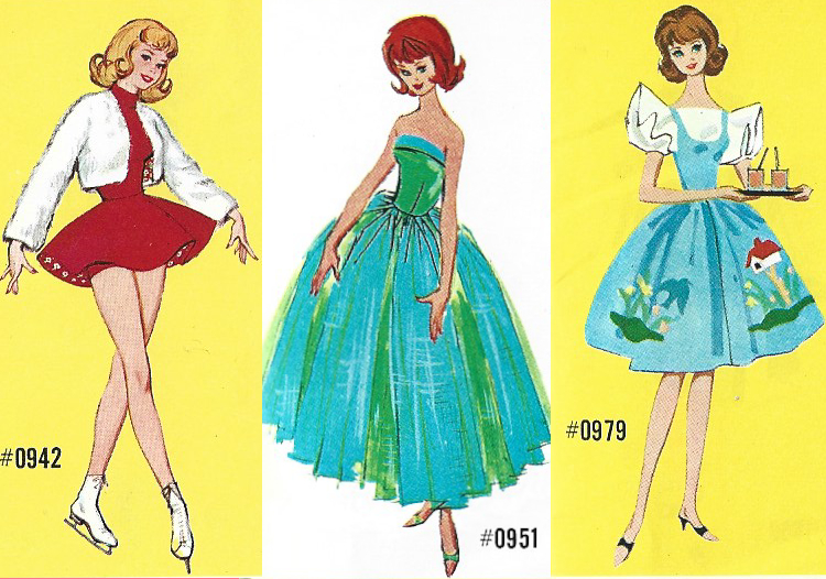 Midge in three styles. Icebreaker, at left, looks fairly realistic. Midge has kind of a Hayley Mills look here. At center, the drawing is identical to the "early, rough" style but her skin is filled in and her face may have a bit of detail; at right, A new drawing was made in the silhouette of an early, rough one, with improved shading and details but not to the high standard of the left-most image.