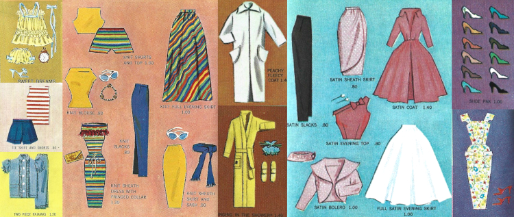 A collage of many pak illustrations without a doll to model them, including Sweet Dreams, Tee Shirt and Shorts, Two Piece Pajamas, many pak knits, Peachy Fleecy Coat, Singing in the Shower, many pak satin pieces, a "shoe pak" showing 12 closed-toed shoes in different shades; and the On-the-Go sheath and shoes.