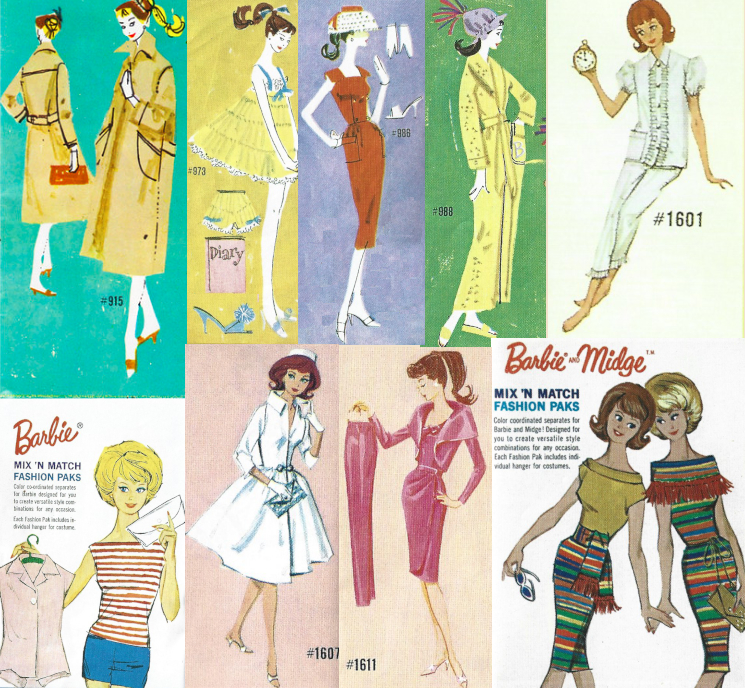 Booklet illustrations of the ensembles Peachy Fleecy, Sweet Dreams, Sheath Sensation, Singing in the Shower, Pajama Party, White Magic, and Satin 'n Rose. Also included are two illustrations, of barbie in Tee Shirt 'n Shorts holding a pak blouse on a hanger, and of barbie and Midge in pak knits, that weren't associated with ensembles but were used to advertise the paks.