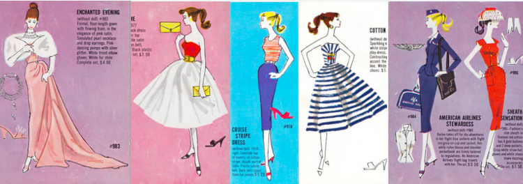 Early Barbie fashion booklet sketches for Enchanted Evening, Silken Flame, Cruise Stripes, Cotton Casual, American Airlines Stewardess, and Sheath Sensation, most on pink, purple, and cyan backgrounds (Cotton Casual is on white), and with their accessories illustrated all around them.