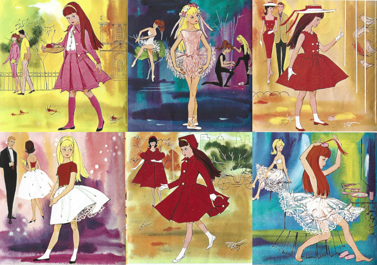Six panels from a Skipper fashion booklet. The "uniquely detailed" backgrounds here basically just means any background at all, as other booklet backgrounds tend to be a wash of color or nothing at all. These backgrounds are hazes of several colors with an occasional detail, like a house, a vanity with stool, or a tree, included as a line drawing. In each image Skipper poses in the foreground, and Barbie in her coordinated look can be seen at the back--half the time, escorted by Ken. Clockwise from top left, the ensembles are: School Days/Knitting Pretty; Ballet Lessons/Ballerina; Red Sensation/Sheath Sensation; Under-Pretties/Ruffles 'n Lace; Dress Coat/Red Flare; and Silken Flame/Silk 'n Fancy.