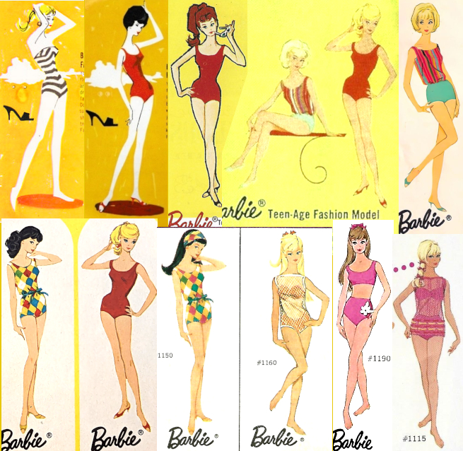 Two rows of swimsuit doll illustrations: blonde ponytail Barbie in the zebra stripe, dark bubble cut in red, brownish ponytail in red, bend-leg blonde American Girl Barbie in her striped suit seated next to blonde swirl ponytail standing in red; and blonde American Girl standing with one knee bent in her striped suit. Second row: Color Magic in her diamond-print suit, with black hair tied into a curly mass at the nape of her neck; blonde swirl ponytail in red again; Color Magic with black hair worn straight with a headband coordinated to her suit; Blonde T'n'T Barbie in her bikini and mesh cover; ash blonde Standard Barbie in her two-piece pink suit with flower embellishment; and Talking Barbie in another two-piece pink suit with coverup.