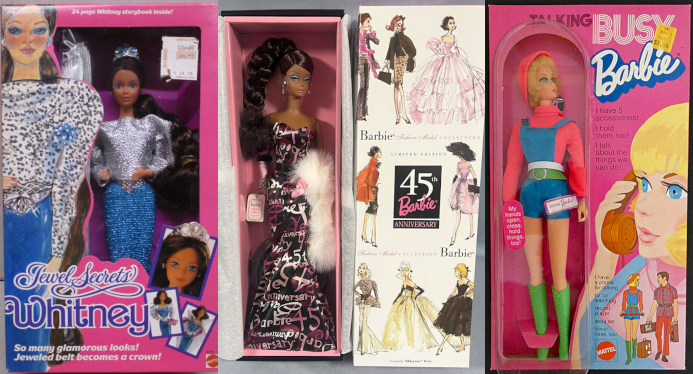 Three later illustrated doll boxes. L-R: Jewel Secrets Whitney exhibits the lush 80s style with rich colors and textures; 45th Anniversary Barbie Fashion Model Collection's box mimics the classic boxes, with 3 rows of sketches in a light style; Busy Talking Barbie from the Seventies is illustrated in flat, graphic washes of color.
