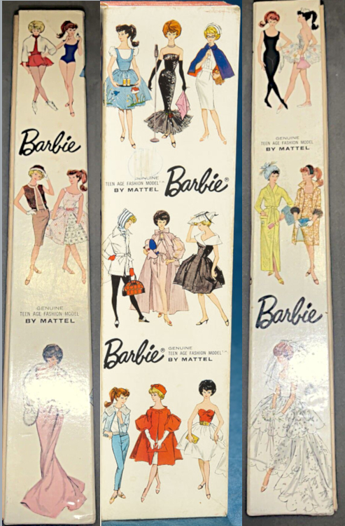Box top and long sides all contain 3 rows of sketches of ponytail and bubble cut Barbies wearing classic fashions including Friday Nite Date, Solo in the Spotlight, After Five, Enchanted Evening, Red Flare and Silken Flame.