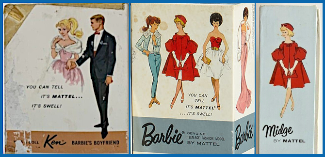 L: Top portion of a dressed Ken box shows Tuxedoed Ken escorting Enchanted Evening Barbie with blonde ponytail, behind the words "You can tell it's Mattel... it's Swell!" M: Top portion of a Barbie dressed doll box shows ponytail Barbie in Mood for Music and bubble cuts in Red Flare, Silken Flame and Enchanted Evening. R: Top side portion of a Midge box shows Midge in Red Flare, identical to Barbie besides her hair and face.