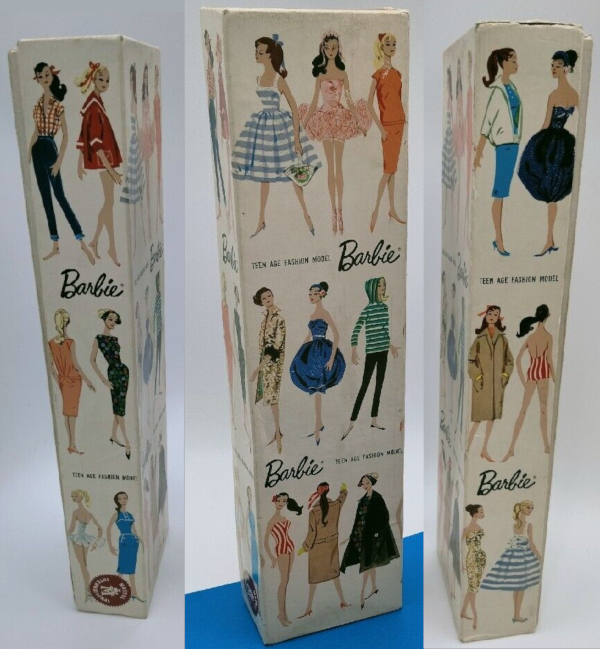 The lid of the basic doll box, front and long sides, features 3 rows of doll sketches, mostly in fashions that were available for Barbie in the first couple years, including Peachy Fleecy, Gay Parisienne, Easter Parade, Evening Slpenour, Ballerina, Winter Holiday, and Picnic Set. There are two views of the looks: front and back, with or without jacket, the two looks in the Ballerina set, seemingly randomly scattered. Three looks are not recognizable as early Barbie ensembles, as discussed in the text.