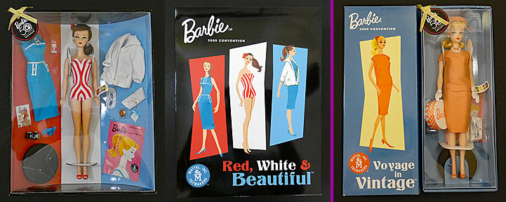 Two past convention offerings. Left, the Red, White & Beautiful gift set includes a brunette ponytail doll dressed in a suit that looks like the vertical red-and-white striped suit depicted on the early basic doll box; around her are the blue sheath, loose white jacket, and accessories including shores and a white envelope clutch; the box cover echoes the style of early carrying cases with three figures from the first basic box--two in the sheath, with and without jacket, and one in the swimsuit--before skewed rectangles in red, white and blue. Right: The "Voyage in Vintage" design is based on the peach chemise from the basic box. A blonde ponytail doll is shown, also with a hatbox, white gloves, sunglasses, and purse. The box lid also shows a figure from the first basic doll box before a slightly angular, solid-colored shape.