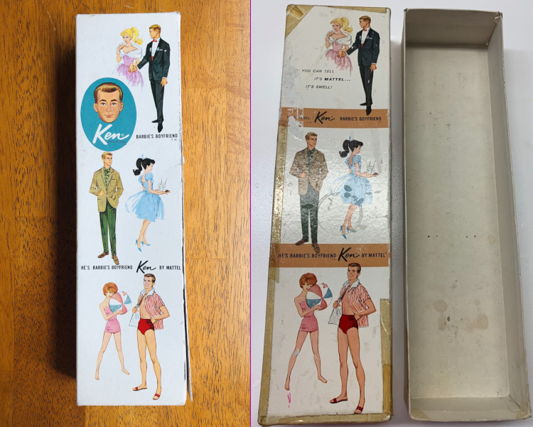 Each box front has 3 rows of illustrations, each including one of Barbie and one Ken. At the top, tuxedoed Ken escorts Enchanted Evening; middle, Barbie in a plain blue dress with the Friday Nite Date silhouette carries a tray of drinks or milkshakes away from Ken; bottom, Ken in his swim attire with Barbie, holding a beach ball, in an unknown strapless, waisted swimsuit or playsuit. Differences in the two boxes are minor, but the "dressed" box has tan horizontal bars under lines of writing both share, "He's Barbie's boyfriend Ken by Mattel."