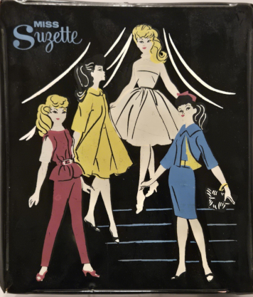 Black vinyl case showing four ponytailed figures arranged on a curving stair. At the top stands a blonde in a white strapless cocktail-length dress with full skirt. To her right is a brunette in a yellow swing coat, and next to her a blonde in a red belted top and slacks. Opposit her stands a brunette with a blue suit, yellow top, and red bow. All wear open-toed shoes. The words "Miss Suzette" appear in the top left corner.