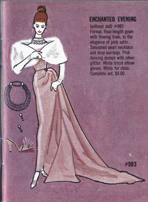 Booklet image both showing an illustration of, and describing, pink heel with silver glitter for the Enchanted Evening ensemble.