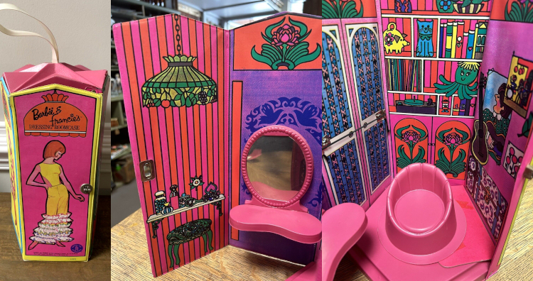 The dressing room is five-sided with a sloped pink plastic lid. On the outside, characters are illustrated. Text reads "Barbie & Francie's Dressing Room Case." Inside, illustrated on the walls are vertically-striped, red-and-pink wallpaper; a Tiffany-style pendant lamp; shelves with a piggy bank, cat figure, stuffed octopus, record player, and books, a poster of Beatles-style character singing and playing guitar, an actual guitar, and a pair of arched leaded glass doors. Physical components are a vanity with mirror and a rounded stool, both in pink plastic. 