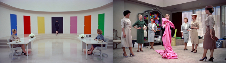 Color film stills. L: A semicircular room is all in white except for solid-colored doors lining the curved wall, in blue, red, yellow, black, pink, orange, and green. Receptionists sit at two white desks in the foreground: R: actors portraying magazine employees watch their boss unroll a bolt of pink fabric dramatically. One wall is lined with windows to the ceiling, showing a cityscape. This room is decorated in grey and beige, and furniture of the sort used for the Fashion Shop would not be out of place here.