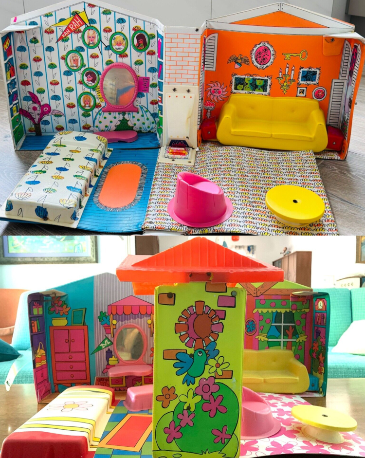 Top: The first World of Barbie house sites open. Left is a bedroom with matched floral wallpaper and (hard plastic) bed. Illustrated on the wall are a couple of pennants (one reading "RAH RAH") and six framed heads of Barbie and family. Attached to the mirror is a pink plastic vanity with mirror. Between the rooms is a white brick wall (bricks lined in orange) and white "fireplace" angling out from the wall, pointing to the floor. At right is the living room, with yellow plastic couch, orange wall, and many wallhangings including a candelabra, oversized key, smiling sun, various pieces or framed art. White window shutters apparently extend into the room.  Bottom: the next year's house has the same layout but new styling, including new flowered carpet in the living room, blue and green tile in the bedroom, bedroom wall that is half teal and half vertical pink-and-blue stripes, a pink and orange canopy hanging over the same vanity as last year, a pink and orange bureau with vale and photo frame atop, and, in the living room, new green curtains with pink polka dots and sparser wallhangings.