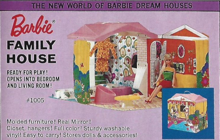 Mattel booklet advertisement reads "The New World of Barbie Dream Houses; Barbie Family House; Ready for Play! Opens into Bedroom and Living Room! #1005; Molded furniture! Real Mirror! Closet, hangers! Full color! Sturdy washable vinyl! Easy to carry! Stores dolls & accessories!" In the image, mod Barbie is shown sitting on the sofa in the foreground, with bedroom visible in the back. The Travel Togethers suit hangs in the middle of the space.