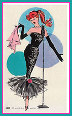 Illustration of redheaded ponytail Barbie crooning in the Solo in the Spotlight fashion. She gestures dramatically with her pink chiffon handkerchief; in the background are abstract polka dots in teal, sky blue and periwinkle. The number 170 is printed in the lower left hand corner.