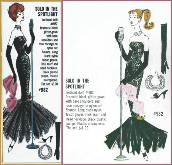 Booklet illustrations of Solo in the Spotlight worn by Titian bubble cut (left) and blonde ponytail (R). Text reads, "(without doll) #982; Dramatic black glitter-gown with bare shoulders and rose corsage on nylon net flounce. Long black nylon tricot gloves. Pink scarf and bead necklace. Black plastic pumps. Plastic microphone. The set, $3.00."