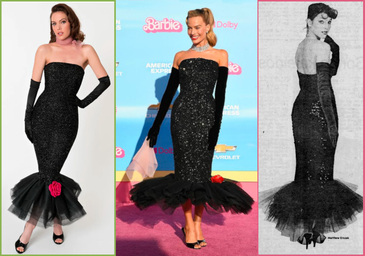 Three life-size renditions of the Solo in the Spotlight outfit that look fairly similar to one another, styled with open-toed shoes. Unique Vintage version shows the scarf tied at the neck, while Margot holds hers and the 1980 version may not have one. Margot's gloves and the 1980 gloves extend almost all the way up the arm, while the Unique Vintage version end just above the elbow. Unique Vintage model poses on a white background; Margot Robbie poses on a "pink carpet" at a premiere; and the 1980 image is a black-and-white newspaper clipping, also on plain white background.