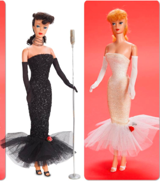 Color catalog image from a recent auction: Dark-haired ponytail in Solo in the Spotlight (L) and blonde ponytail in a Solo variant that is all white, with white elbow-length gloves and white open-toed shoes. Prototype variant has the rose on her "flounce" but lacks a necklace and microphone. Neither is shown with scarf.