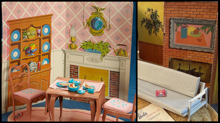 Two side-by-side images. The first shows a dining room with a classical looking style; white moulding surrounds the fireplace and a mirror with candle holders sits above. Plastic table and chairs in wood color with pink cloth seats, and turquoise dishes, sit before the wall. At right, wall includes red brick fireplace, framed still life, and potted plant. Plastic sofa with grey-stiped cushions sits in the foreground.