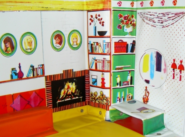 Vinyl case room image. On one white wall are framed and autographed headshots of Chris, Skipper, Casey and Francie (Tutti got cropped out) and a floating shelf with books, vases and jars. Below them are a bench-shaped red sofa and red-brick-framed fireplace illustration with roaring fire. To the other side of the fire is a bookshelf with books, vases, and a bowl, and a bottom shelf for firewood (all in illustration. Past these a vanity scene leads to the bedroom section of the case room.