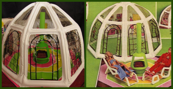Clear plastic inflatable house with white trim. At left, a green plastic freestanding fireplace sits in the center of the dome, and the floor beneath is a hexagonal pattern in green, yellow, and pink. At right, catalog image shows the dome in the background, and in the foreground the hexagonal floor, the green fireplace, and two lounge chairs or beach chairs with Bionic dolls posed.