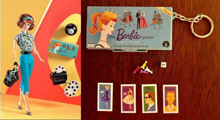L: Cool Collecting Barbie prototype photographed by Mattel for the box art or other promotional purposes. In this image the doll, with an early 60s Barbie face, shirt with printed boomerang pattern, and capri pants, has a side part American Girl hairstyle (that changed before the doll went into production). She is surrounded by scaled-down Viewmaster, magic 8 Ball, and Queen of the Prom game box. She holds white cats eye sunglasses and a vinyl or patent leather look handbag. R: Keychain that looks like the reproduction game box, plus tiny dice, player pieces and cards showing the fashions and boyfriends shown emerging from a little drawer in the side of the keychain. Not shown, the keychain unfolded to form a mini game board.