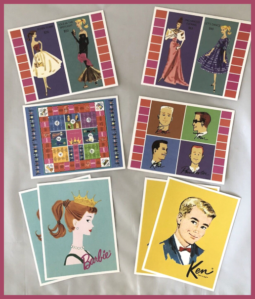 Notecards depicting the fashions of Queen of the Prom, the game board, the four suitors, one showing Barbie in her crown as on the box lid, and one portrait of Ken. The last two look autographed by the characters. The portrait of Ken is different from the one that appears with the other boyfriends, and may not actually be from the Queen of the Prom game.
