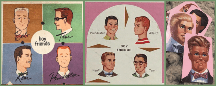 L-R: game board details showing illustrations of "boy friends" from 1961 and 1963 games, plus cards showing the boyfriends available in 1991.