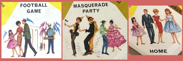 3 corners of the 1963 game board show Barbie in Student Teacher at a football game; in Masquerade at a masquerade party; and on the HOME square, in Sheath Sensation. In the last image, she and Ken are centered in the space, Ken in a suit and she with bubble cut hairdo; Skipper and Midge stand to either side, Midge in Lunch Date, and Barbie touches Midge's upper arm in a gesture that appears caring and protective.