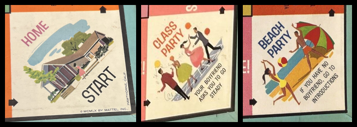 Game board detail showing 3 of the board's corners. On the HOME square, a female figure approaches a large, single-story home surrounded by trees and other greenery. At the CLASS PARTY, two couples, represented in minimal style, dance. Balloons surround them, and text reads "Your boyfriend asks you to go steady." At the BEACH PARTY, a male and female figure throw a beach ball next to a large umbrella, with the sea and sand represented by solid color blocks in the background. Text reads "If you have no boyfriend, go to Introductions."