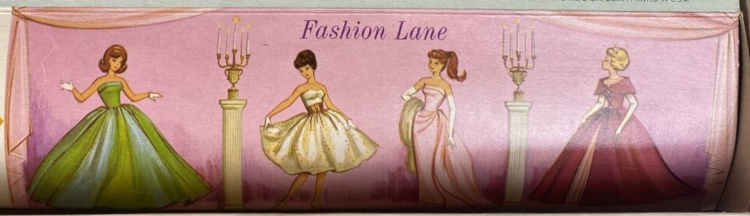 Inside the lower lid of the game box, a detail showing four characters against a pink curtained backdrop interspersed with candelabras and columns. The characters are Midge in Senior Prom, Barbie in Party Date, both with short white gloves; and Barbie in Enchanted Evening and Sophisticated Lady, both with long white gloves.