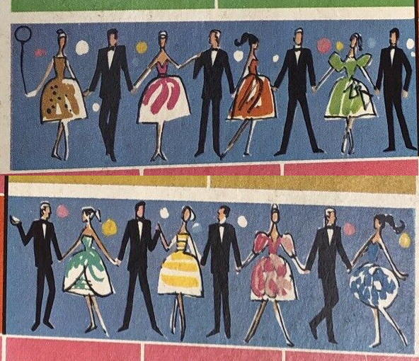 Rows of tuxedoed gents and full-skirted gals in a simple, slightly abstracted style, Each dress is colored with a single, bright shade, while the men's tuxes are strictly black. One female figure holds a balloon on a string, wile different colored dots are interspersed among their figures at head level--maybe more balloons.