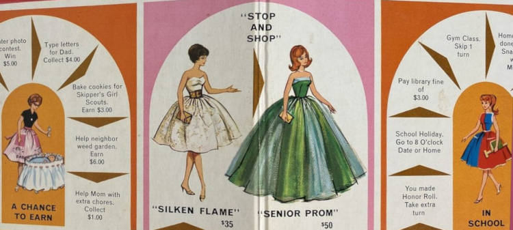 Game board detail shows Barbie babysitting in Barbie Baby Sits/pak items in a sequence labeled "A Change to Earn"; two "Stop and Shop" options of "Silken Flame" (but Party Date is illustrated), $35, and Senior Prom, $50, and in an "In School" sequence in Fancy Free.