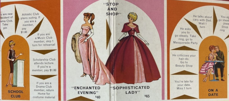 Game board detail shows Barbie in Sorority Meeting illustrating a School Club Sequence; two "Stop and Shop" options of Enchanted Evening, $40, and Sophisticated Lady, $65; and Barbie in Busy Morning sharing a shake with Ken in an "On a Date" sequence.
