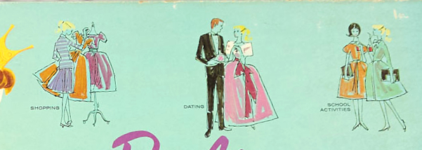 Detail of the game's top lid shows characters, in line ink and marker, shopping (looking at dresses on a rack); dating (escorted by a tuxedoed male holding a corsage), and school activities (two female figures stand holding books under one arm). A blonde ponytailed female figure appears in each scene, and her outfit in the "dating" image is similar to Enchanted Evening, with a fuller skirt and red sash.