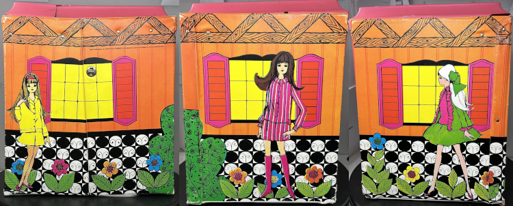 Three panels show an orange building with black-and-white tile on the lower half, pink-and-orange shutters, yellow windows, and simple flower illustrations with five petals in blue, pink, yellow, or orange, and two green leaves apiece. Each panel shows one side of the house, with a single window and a female figure standing before it.