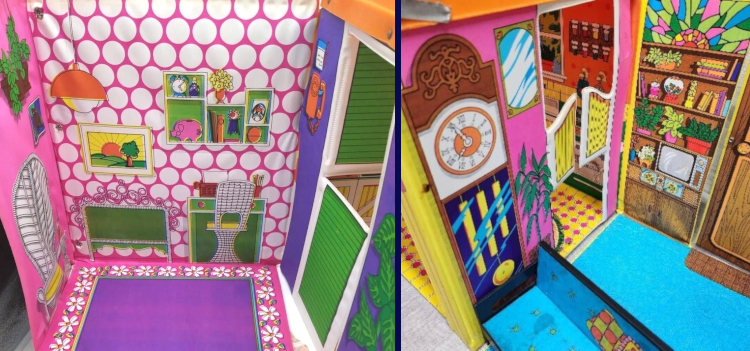 Closeup of two rooms as in the above figure, at a slightly different angle. In the "bedroom" we can see the floor is purple with a pink-and-white flower border, and on the wall between bedroom and kitchen are green dutch doors (the top half is open) and a wall phone with a notepad beside. In the second panel we can see from the living room into the kitchen through a pair of yellow swinging saloon doors. Next to the doors is a mirror illustration, small potted tree, and grandfather clock against a pink wall.